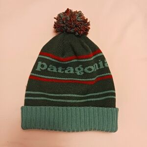 Patagonia Mens Hat Powder Town Winter Pom Beanie Green OS Ski Snowboard Hike EUC